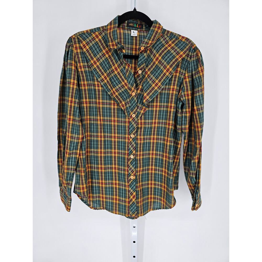 Chic by H.I.S Green Plaid Double Layered Long Sleeve Button-Up Shirt Size L